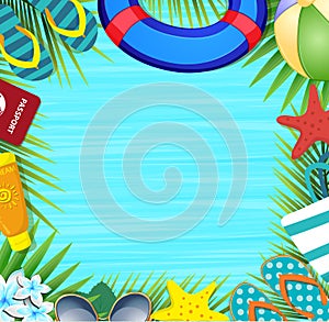 Summer vacation beach accessories and palm leaves on wooden background.
