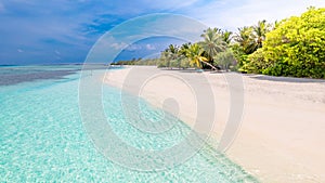 Tropical beach blue sea and palm trees and white sand on the Maldives island. Summer travel destination