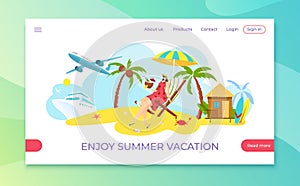 Summer vacation at beach landing banner, woman outdoor travel vector illustration. Website for holiday, girl character