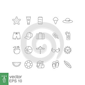 Summer vacation and beach set. Summertime icon set in outline color