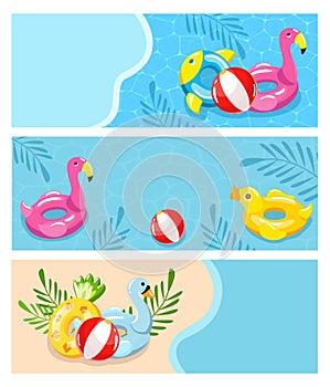 Summer vacation on beach, swimming pool vector illustration. Solar relaxation and fun holiday, inflatable toys, rubber