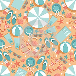 Summer vacation at the beach vector flat seamless pattern. Top view beach, sea resort background.