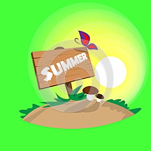 Summer Vacation Board Rural Landscape Green Grass Sun