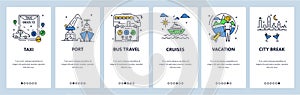 Summer vacation. Bus travel, water cruises, city break. Mobile app onboarding screens, vector website banner template.