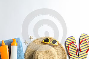 Summer vacation composition on color background. Space for text