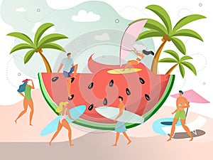 Summer vacation concept, active people with surfboards, huge watermelon slice on beach, vector illustration