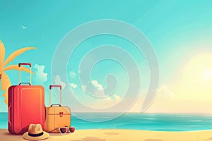 Summer vacation concept background. Travel items on the beach of sea.Ai, Ai Generated