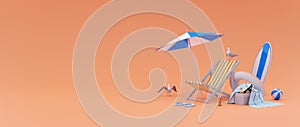 Summer vacation concept. Beach chair and beach accessories, 3d illustration.