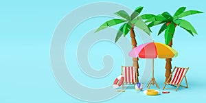 Summer vacation concept, Beach umbrella, chairs and accessories under palm tree on blue background