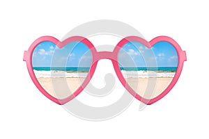 Summer Vacation Concept. Blue Skies with Ocean Beach in Beach Sunglasses in Heart Shape. 3d Rendering