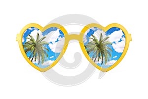 Summer Vacation Concept. Blue Skies with Palm Reflecting in Beach Sunglasses in Heart Shape. 3d Rendering