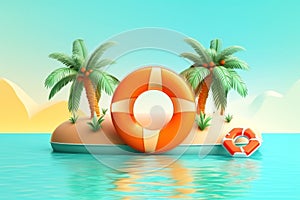 Summer vacation concept in cartoon style. Tropical island with palm trees and lifebuoys on it. Generative AI