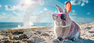 Summer vacation concept. A cool looking rabbit enjoying sun on the beach wearing sunglasses