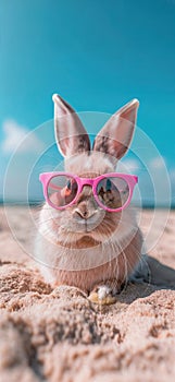 Summer vacation concept. A cool looking rabbit enjoying sun on the beach wearing sunglasses