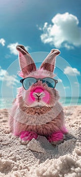 Summer vacation concept. A cool looking rabbit enjoying sun on the beach wearing sunglasses