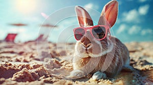 Summer vacation concept. A cool looking rabbit enjoying sun on the beach wearing sunglasses