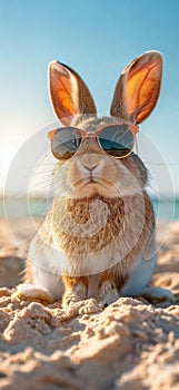 Summer vacation concept. A cool looking rabbit enjoying sun on the beach wearing sunglasses