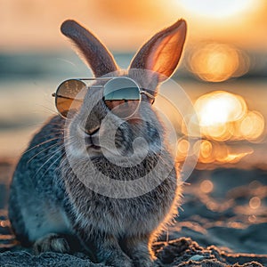 Summer vacation concept. A cool looking rabbit enjoying sun on the beach wearing sunglasses