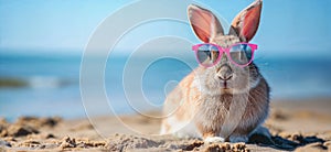 Summer vacation concept. A cool looking rabbit enjoying sun on the beach wearing sunglasses