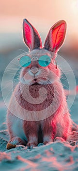 Summer vacation concept. A cool looking rabbit enjoying sun on the beach wearing sunglasses