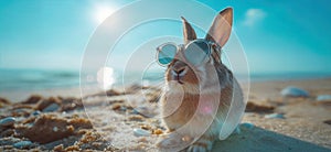 Summer vacation concept. A cool looking rabbit enjoying sun on the beach wearing sunglasses