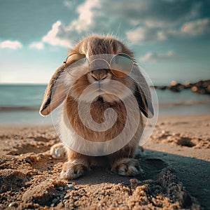 Summer vacation concept. A cool looking rabbit enjoying sun on the beach wearing sunglasses