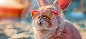 Summer vacation concept. A cool looking rabbit enjoying sun on the beach wearing sunglasses