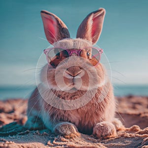 Summer vacation concept. A cool looking rabbit enjoying sun on the beach wearing sunglasses