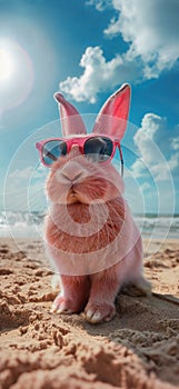 Summer vacation concept. A cool looking rabbit enjoying sun on the beach wearing sunglasses