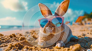 Summer vacation concept. A cool looking rabbit enjoying sun on the beach wearing sunglasses