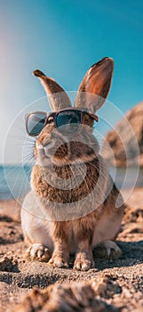Summer vacation concept. A cool looking rabbit enjoying sun on the beach wearing sunglasses