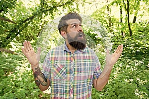 Summer vacation concept. Explore wild nature activity. Emotional nature lover. Man handsome beard and mustache in summer