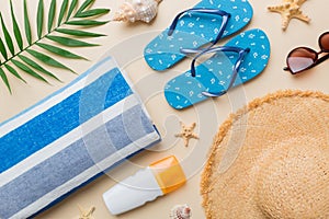 Summer vacation concept flat lay. beach accessories and towel top view. Space for text. travel concept