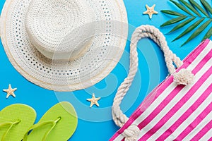 Summer vacation concept flat lay. beach accessories and towel top view. Space for text. travel concept
