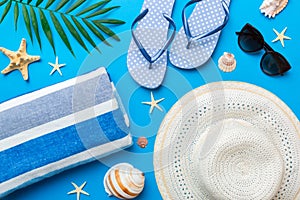 Summer vacation concept flat lay. beach accessories and towel top view. Space for text. travel concept