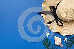 Summer vacation concept flat lay. beach accessories and towel top view. Space for text. travel concept