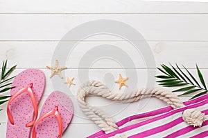 Summer vacation concept flat lay. beach accessories and towel top view. Space for text. travel concept