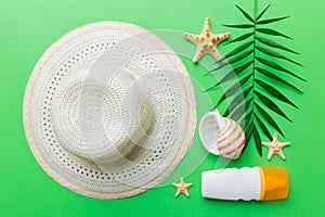 Summer vacation concept flat lay. beach accessories and towel top view. Space for text. travel concept