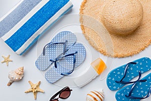 Summer vacation concept flat lay. beach accessories and towel top view. Space for text. travel concept