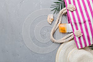 Summer vacation concept flat lay. beach accessories and towel top view. Space for text. travel concept