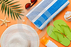 Summer vacation concept flat lay. beach accessories and towel top view. Space for text. travel concept