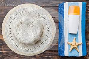 Summer vacation concept flat lay. beach accessories and towel top view. Space for text. travel concept