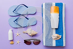 Summer vacation concept flat lay. beach accessories and towel top view. Space for text. travel concept