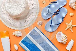 Summer vacation concept flat lay. beach accessories and towel top view. Space for text. travel concept