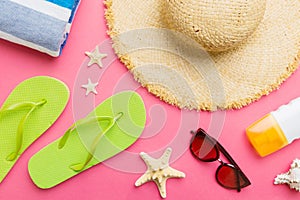 Summer vacation concept flat lay. beach accessories and towel top view. Space for text. travel concept