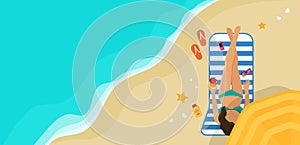 Summer vacation concept flat vector illustration of woman sunbathing on the beach and relaxing under summer umbrella