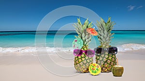 Summer vacation concept: Funny pineapples on the beach.