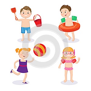 Summer Vacation Concept. Happy Kids Wearing Swimsuits Having Fun