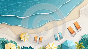 Summer vacation concept illustration. Sea and beach with umbrellas and sun beds