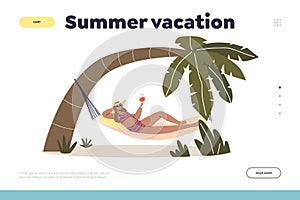 Summer vacation concept of landing page with woman relax in hammock with cocktail on tropical resort